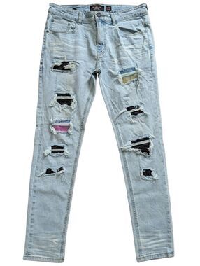 Majestik Mens Light Wash Blue Distressed Ripped Studded Skinny Jeans Size 34x32